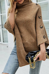 Hnewly - Casual Solid Patchwork Buttons Asymmetrical Turtleneck Outerwear Khaki / One Size